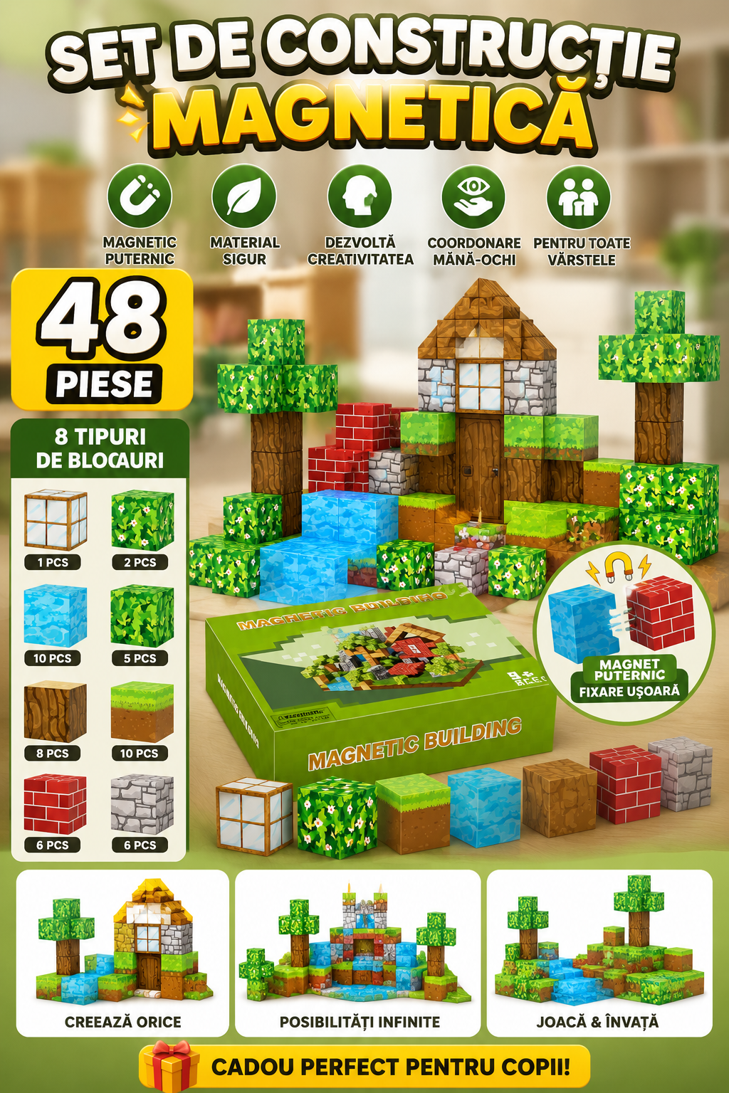 Set de Construcție Magnetică – 48 Piese